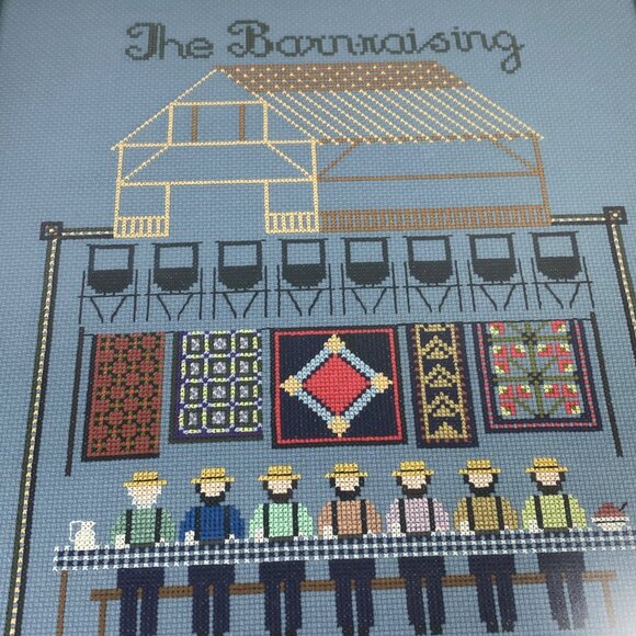Vintage Handmade Amish Folk Barnraising Framed Cross Stitch 18.5"x14" - Picture 2 of 9